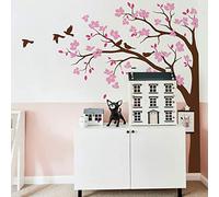 Large Corner Tree Wall Decal with Big Blossoms, Birds and Leaves Nursery Wall Art Sticker Mural 087 (Leaning Left, Brown; Pink; Soft Pink)