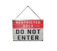 Large Corrugated Metal Hanging Rope Sign - Restricted Area Do Not Enter - Distressed Decorative Wall Sign for Home Decoration Shed, Garage or Man Cave
