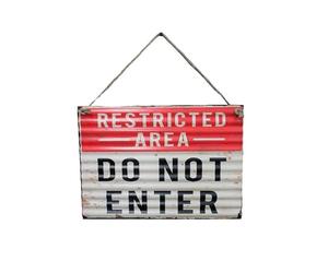 Large Corrugated Metal Hanging Rope Sign - Restricted Area Do Not Enter - Distressed Decorative Wall Sign for Home Decoration Shed, Garage or Man Cave