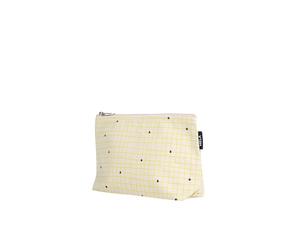Large Cosmetic Bag - Cosmetic Organiser for Men and Women - Travel Toiletry Bag with Pattern - 100% Organic Cotton - Large Main Compartment - GOTS, Green Dot Certified, Colourful, Greige / Grid Print
