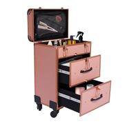 Large Cosmetic Trolley 36 * 23 * 58cm 3 Layers Movable Makeup Case with Locks, Transparent Storage Bag, Telescopic Pull Bar, Makeup Vanity Case Cosmetics Storage Organizer for Beauty Centers (Gold)