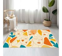 Large Cotton Boho Area Rugs Abstract Hand Drawn Line Drawing Women Faces Masks Geometric Washable Hessian Bohemian Throw Tassel Printed Woven Rug Carpet for Bedroom, Living Room, Bathroom