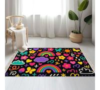 Large Cotton Boho Area Rugs Cute colorful hand drawn rainbow flower natural elements seamless Washable Hessian Bohemian Throw Tassel Printed Woven Rug Carpet for Bedroom, Living Room, Bathroom