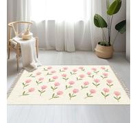 Large Cotton Boho Area Rugs Cute small roses flower leaves simple vintage ditsy style pink Washable Hessian Bohemian Throw Tassel Printed Woven Rug Carpet for Bedroom, Living Room, Bathroom