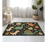 Large Cotton Boho Area Rugs Dino friends Funny cartoon dinosaurs rainbows plants Cute t rex Washable Hessian Bohemian Throw Tassel Printed Woven Rug Carpet for Bedroom, Living Room, Bathroom
