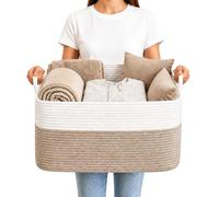 Large Cotton Rope Storage Basket 65L Blanket Basket 55×38×30cm White&Brown | Cotton Rope, Dual Handles, for Living Room, Bedroom, Nursery, for Clothes, Blankets, Toys, Towel, Shoe Storage, Space Saving