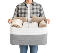 Large Cotton Rope Storage Basket 65L Blanket Basket 55×38×30cm White&Gray | Cotton Rope, Dual Handles, for Living Room, Bedroom, Nursery, for Clothes, Blankets, Toys, Towel, Shoe Storage, Space Saving