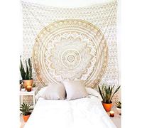 Large Cotton Tapestry Ombre Mandala Wall Hanging Gold Printed Mandala Decorative Cotton Boho Throw Beach Picnic Mat Living Home Decor (White Gold- Ombre Mandala, 90x84 inches (220x215 cm))
