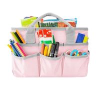 Large Craft Tote Bag Oxford Fabric Art Storage Caddy with Pockets Foldable Gardening Tool Bag Artist School Teacher Stationery Organizer Bag for Drawing Book Notebook Paint Brushes(Pink)