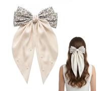 Large Cream Long-Tail Bow Hair Clip with Speckled Top & Pearl Accents - Strong Non-Slip French Barrette, Elegant Ribbon Hair Accessories for Women & Girls, Party Wedding Daily (Beige)