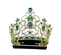 Large Crystal Crown Tiara - European & American Style Headpiece For Pageants & Bridal(Green diamond on gold)