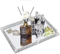 Large Crystal Glass Tray 15.7 x 11.8 Inch Crushed Diamond Silver Mirror Perfume Makeup Noble Jewelry Dressing Table Art Rectangle Cosmetic Tray for Home Decoration