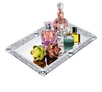 Large Crystal Tray Glass Mirror Modern Jewelry Tray with Crushed Diamonds Rectangle Makeup Perfume Tray for Bathroom Bedroom Home Decoration Hotel Banquet Party (Silver