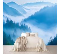 Large Custom Size Blue Misty Mountain Wall Mural - Forest Valley & Clouds Nature Scene, Removable Self-Adhesive Wallpaper for Bedroom, Living Room, Home Office