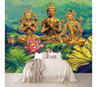 Large Custom Size Wall Mural Golden Buddha Lotus Flower Buddhist Scene Removable Self-Adhesive Wallpaper for Living Room Bedroom Meditation Room