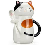 Large Cute Ceramic Coffee Mug with Lid and Spoon Fun Cat Cup for Women Ladies Unique 3D Kawaii Cat Coffee Mugs Lover Mom Gift Animal Funny Christmas Cups Adorable Porcelain Girls Novelty Mug