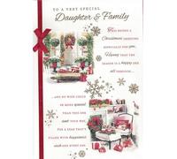 Large Daughter and Family Christmas Card, Traditional Xmas Design with Attached Red Ribbon, 25.4 x 17.8 cm