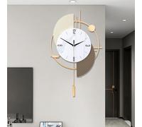 Large Decorative Wall Clock with Pendulum for Living Room, Matte White Half Circle & Gray Striped Scalloped, White Marble Dial, Silent for Living Room, Bedroom, Study, Office(Gold15.7 * 13.3in)