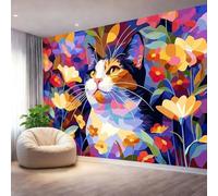 Large Decorative Wall Mural Abstract Geometry Cat Printed Non Self Adhesive Wallpaper, Paste Installation Colorful Photo Wallpaper for Bedroom Living Room Wall Design 138" x 101"/350 x 256 cm(WxH)