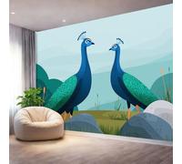 Large Decorative Wall Mural, Cartoon Cute Peacock Printed Self Adhesive Wallpaper, Blue Photo Non-Woven Wallpaper for Bedroom Living Room Bedroom Wall Design 150 x 105 cm（WxH