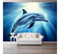 Large Decorative Wall Mural Elegant Animal Dolphin Printed Non Self Adhesive Wallpaper, Paste Installation Dark Blue Photo Wallpaper for Bedroom Living Room Wall Design 138" x 101"/350 x 256 cm(WxH)