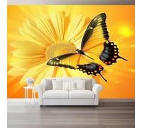 Large Decorative Wall Mural Fantasy Butterfly Floral Printed Non Self Adhesive Wallpaper, Orange Photo Wallpaper for Bedroom Living Room Wall Design 138" x 101"/350 x 256 cm(WxH)