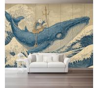 Large Decorative Wall Mural Fantasy Ukiyo-E Whale Pattern Printed Non Self Adhesive Wallpaper - Paste Installation Beige Photo Wallpaper for Bedroom Living Room Wall Design 250 x 175 cm（WxH
