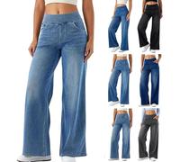 Large Denim Wide Leg Pants for Women,Palazzo Trousers High Waisted and Slimming with Multiple Pockets, Straight Tube, Loose fit, Cat Whisker, Marbling wash Craft, High Elasticity Casual Jeans