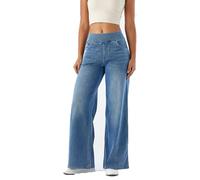 Large Denim Wide Leg Pull on Jeans for Women, High Waisted and Tummy Control with Multiple Pockets, Straight Tube, Loose fit Stretchy, Marbling wash Craft, High Elasticity Casual Plazzo Pants
