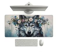 Large Desk Mat, 800 x 300 x 3 mm Extended Mouse Pad, Nordic Decorative Desk Pad with Non-Slip Rubber Base & Stitched Edges & Soft Smooth Surface, Waterproof Table Protector for Home(Wolf) L-x341