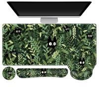 Large Desk Mat, Cute Anime Cats Gaming Mouse Pad, Desk Pad Protector, XXL Mousepad + Keyboard Wrist Rest+Mouse Wrist Rest+Coaster Set with Ergonomic Desk Pad for Home Office PC Computer, Green Leaves