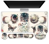 Large Desk Mat, Cute Boho Plants Mouse Pad, Apricot Desk Pad, XXL Mousepad + Keyboard Wrist Rest+Mouse Wrist Rest+Coaster Desk Pad for Girl Women Home Office Decor Aesthetics, Floar Butterfly Moon