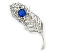 Large Diamante Peacock 'Feather' Brooch In Rhodium Plating (Clear/Sapphire Blue Colour) - 95mm Long