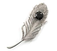 Large Diamante Peacock Feather Silver Tone Brooch (Clear & Black) - 11.5cm Length