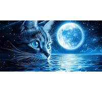 Large Diamond Art Kits for Adults Cat, 5D Full Moon Sea Diamond Painting Kits for Adults Beginners 39.4x15.7inch/100x40cm, DIY Full Square Drill Diamond Dots Crystal Art Embroidery Craft (WL345)