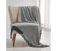 Large Window Pane Check Cotton Throw Fringed Grey & White 130cm x 170cm