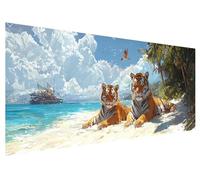 Large Diamond Painting 100x40cm, Beach Diamond Art Painting Kits for Adults, DIY Round Full Drill Cross Stitch Crystal Creations Gem Art Dimond Paintings Kits Tiger for Adults, Room Bedroom Decor H-5