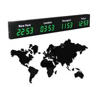 Large Digital LED World Clock, 3/4/5 Multi Time Zone World Clock with Customizable Cities, HD Display, Indoor Wall Mounted Electronic Clocks for Hotel Multinational Enterprises(Green,4)