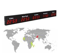 Large Digital LED World Clock, 3/4/5 Time Zone Wall Mounted City Time Zone World Clock, Hotel, Multinational Corporation,Red-5City