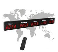Large Digital LED World Clock, Wall Mounted with Remote Control, Customizable Time Zone Cities, Aluminum Alloy, for Hotels Offices Multinational Companies