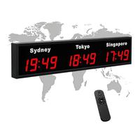 Large Digital LED World Clock, Wall Mounted with Remote Control, Customizable Time Zone Cities, Aluminum Alloy, for Hotels Offices Multinational Companies