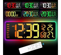 Large Digital Wall Clock 17.3", 15 Color Modes Led Large Number Digital Wall Clock, 8 Color Modes Night Lights, Auto-Dimming/DST, for Classroom Living Room Garage Gym Office, Gift for Senior Mom Dad