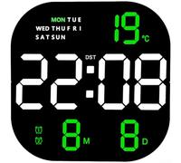 Large Digital Wall Clock 8 RGB LED Screen Remote Controlled Dual Loud Alarms 5-Level Adjustable Brightness Auto DST Calendar Indoor Temperature Date Night Light Modern Square 22.8x22.8cm(E)