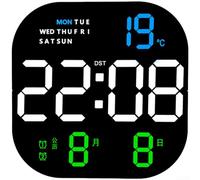 Large Digital Wall Clock 8 RGB LED Screen Remote Controlled Dual Loud Alarms 5-Level Adjustable Brightness Auto DST Calendar Indoor Temperature Date Night Light Modern Square 22.8x22.8cm(A)