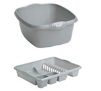 Large Dish Drainer and Rectangular Washing Up Bowl Plastic Home/Office/Kitchen Silver/Grey - Set of 2