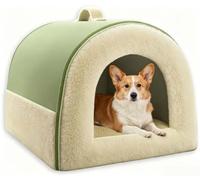Large Dog Cave Bed Cozy Warm Indoor Pet House,Green-A,S:56x43x43cm | Sponge-supported sides and bottom keep the structure stable, with a thickened threshold pillow that cradles the neck for