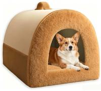 Large Dog Cave Bed Cozy Warm Indoor Pet House,Khaki-A,L:79x60x59cm | Sponge-supported sides and bottom keep the structure stable, with a thickened threshold pillow that cradles the neck for