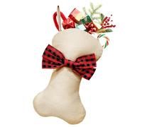 Large Dog Christmas Stocking, 43.4 × 25.4 cm Christmas Stocking for Dogs Cats Pets, Dog Bone Shaped Jute Burlap Pet Stocking with Red Black Plaid Bow Tie, Xmas Tree Hanging Ornament Party Supplies