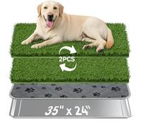 Large Dog Grass Pad with Tray, 35'' x 24'' Stainless Steel Dog Litter Box with 2pcs Reusable Artificial Grass Mats, Dog Grass Potty Tray with Washable Dog Pee Pad for Balcony Indoor Outdoor Use