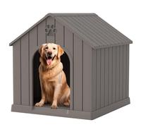Large Dog House Outdoor Indoor for Medium Large Dogs, Durable Plastic Waterproof Doghouse with Air Vents and Elevated Floor, Easy Clean and Assemble (Light Grey, 36.2''L×38''W×38''H)
